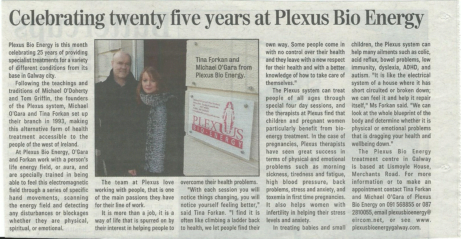 Plexus Bio-Energy 25 years in newspaper article